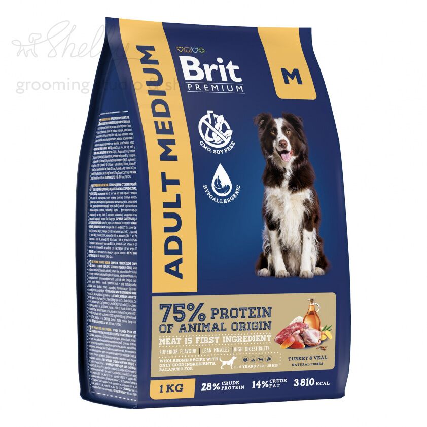 BRIT PREMIUM, Сухой корм с индейкой и телятиной для собак "Dog Adult Medium",1 кг