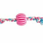 Игрушка для собак резиновая "Мяч ребристый с веревочной косичкой", розовая