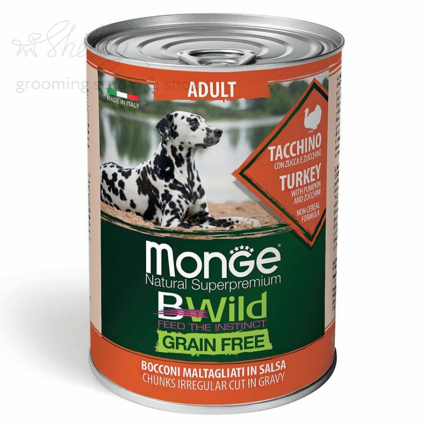 Monge Dog BWild GRAIN FREE беззерновые консервы из индейки с тыквой и кабачками для взрослых собак в